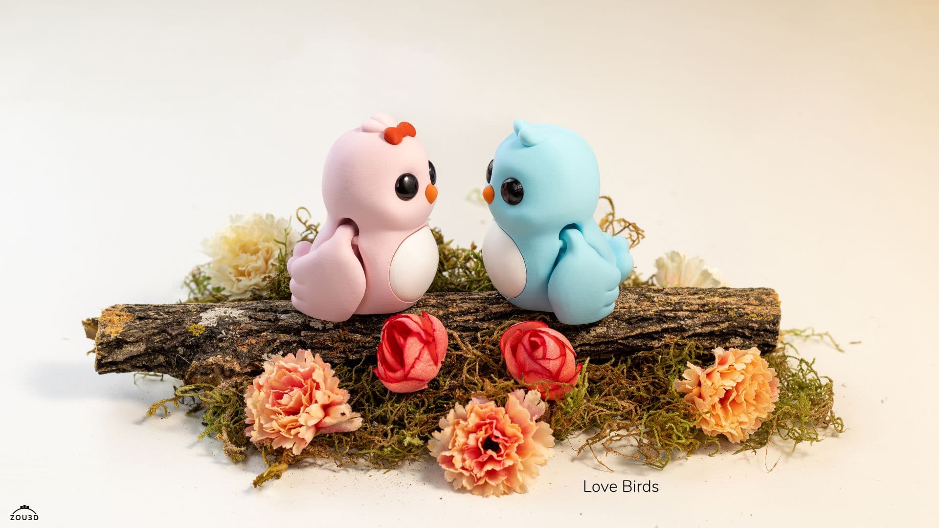 3D-gedruckte Lovebirds Paar Rosa Blau 2