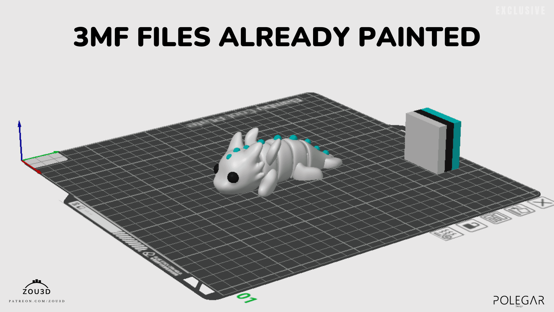 3D-gedruckte weiße Drachenfigur mit blauen Akzenten