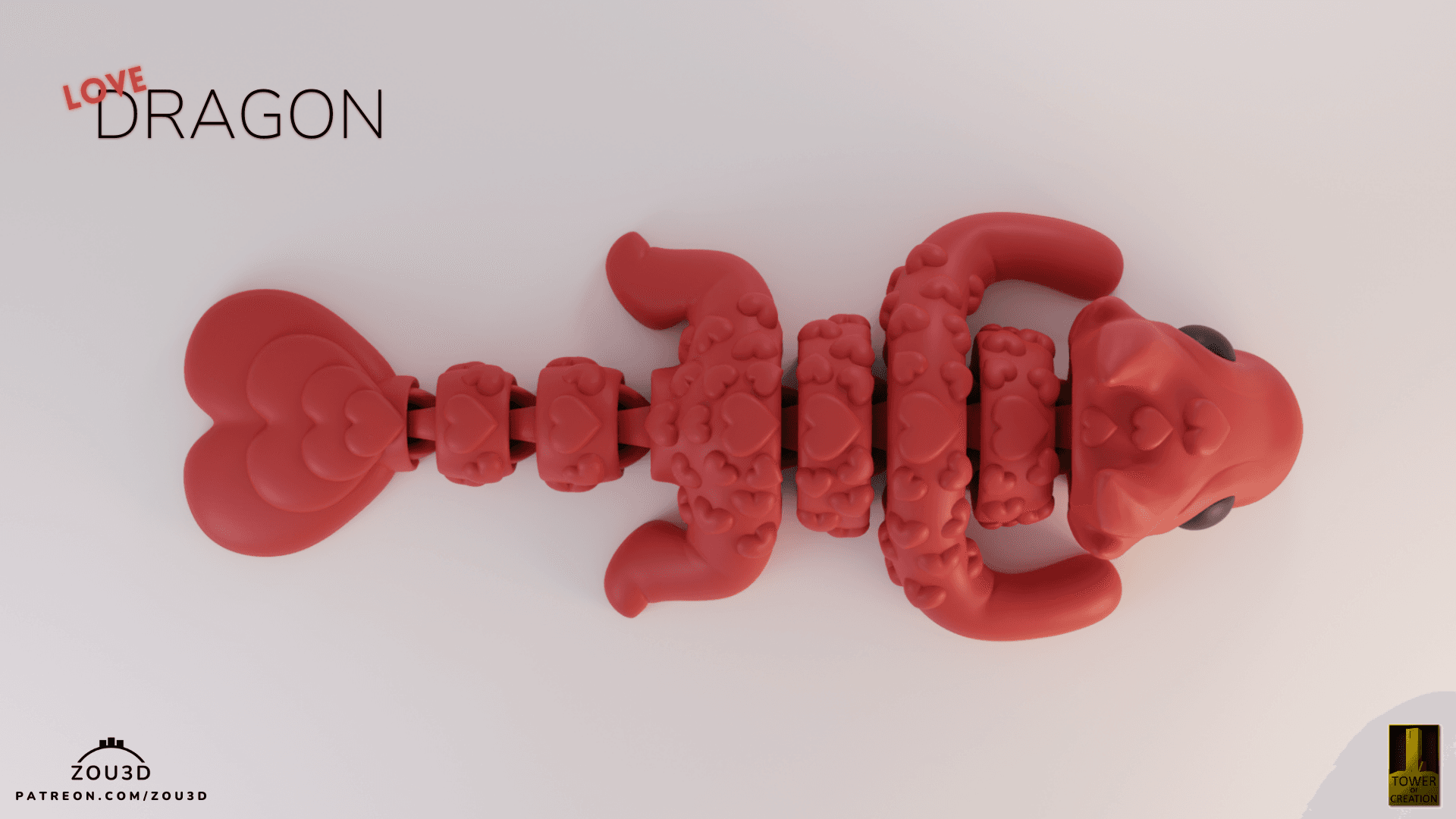 3D-gedruckter roter Love Dragon mit Herzen