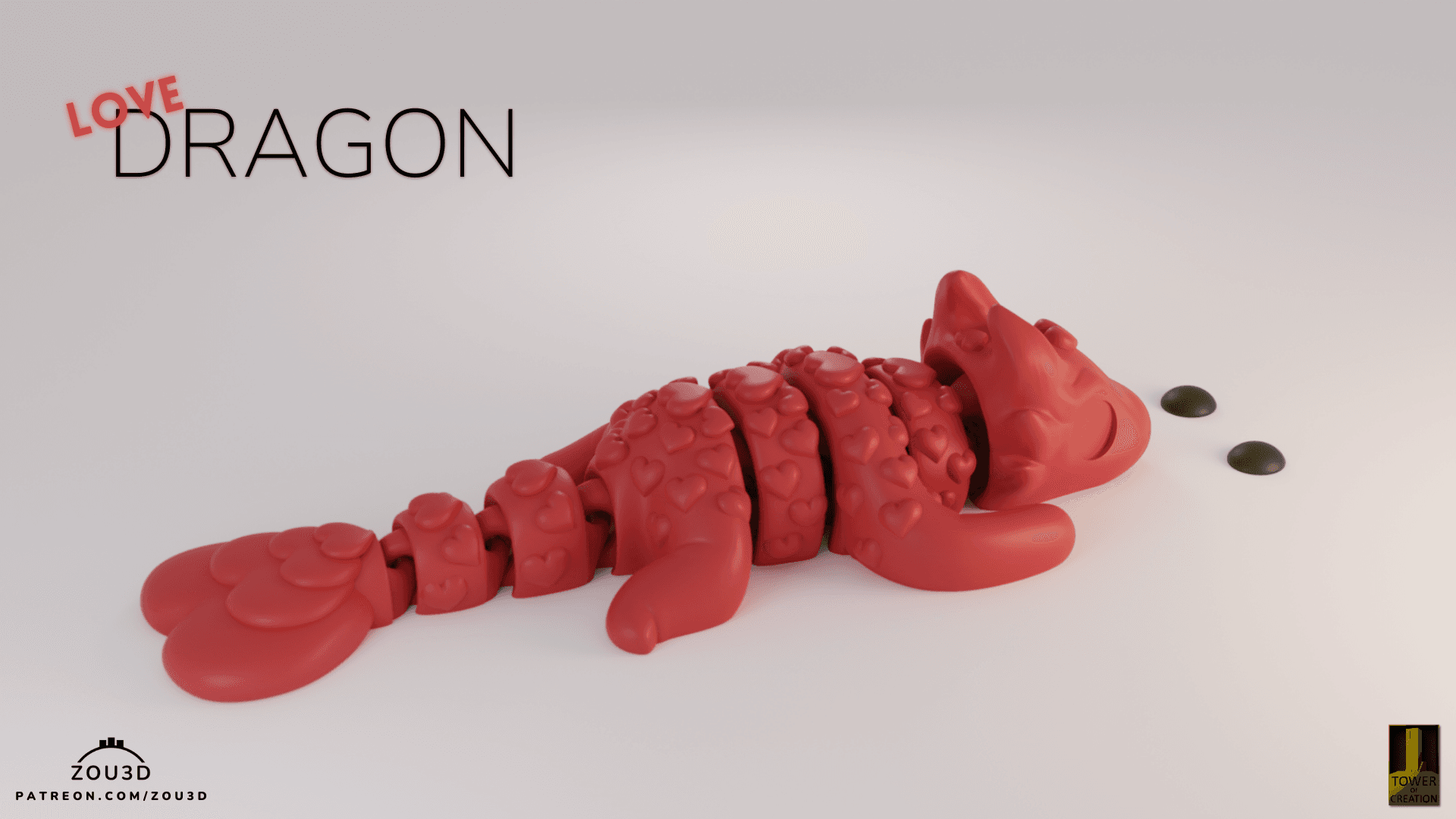 3D-gedruckter roter Love Dragon mit Herzen 3