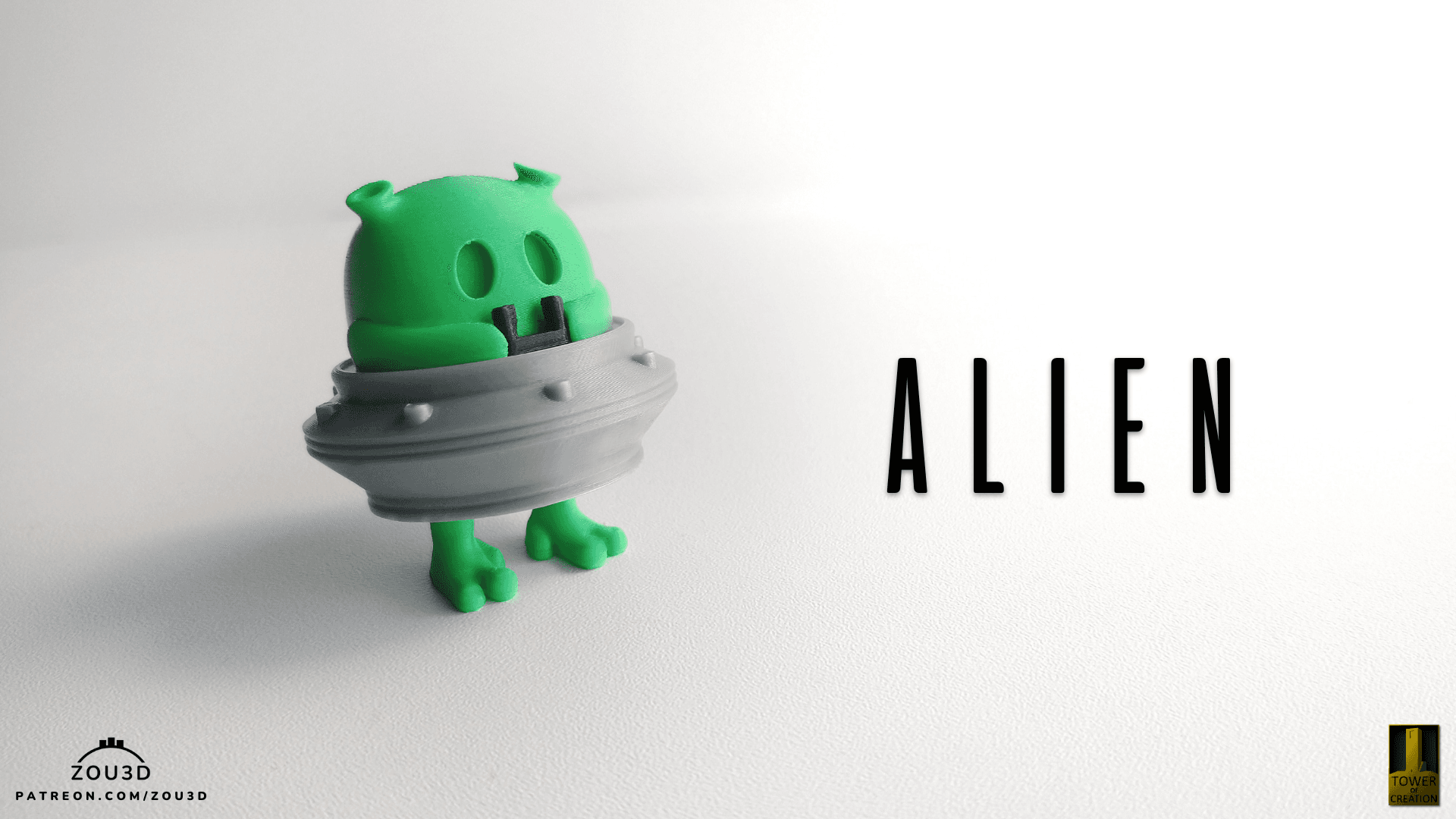 3D-gedruckte Grüne Alien-Figur mit UFO