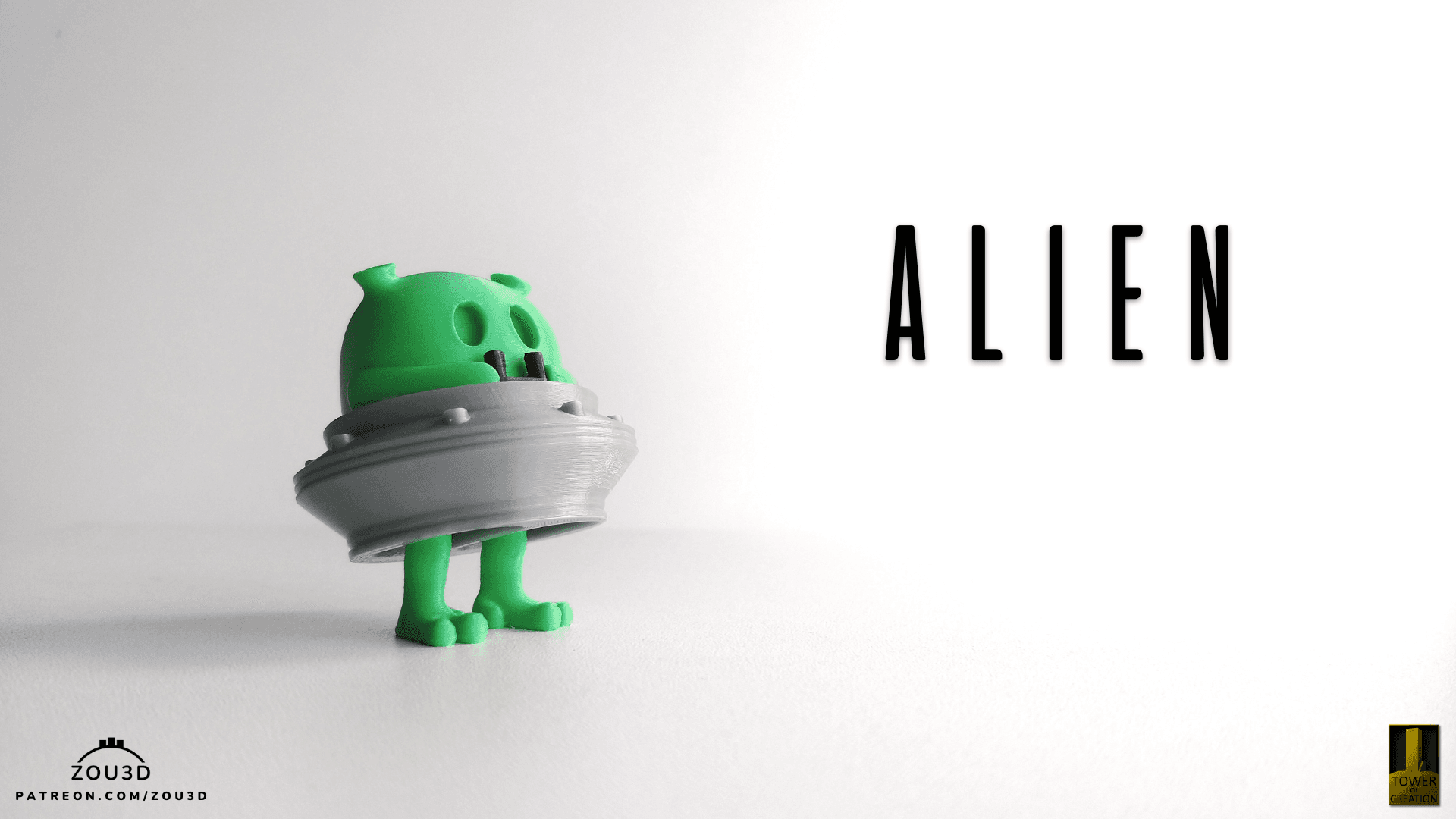 3D-gedruckte Grüne Alien-Figur mit UFO 2