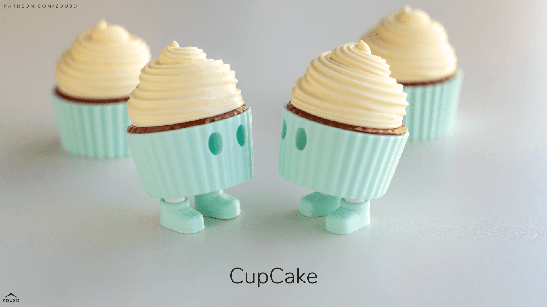Türkise 3D-gedruckte Cupcake-Figur mit Beinen