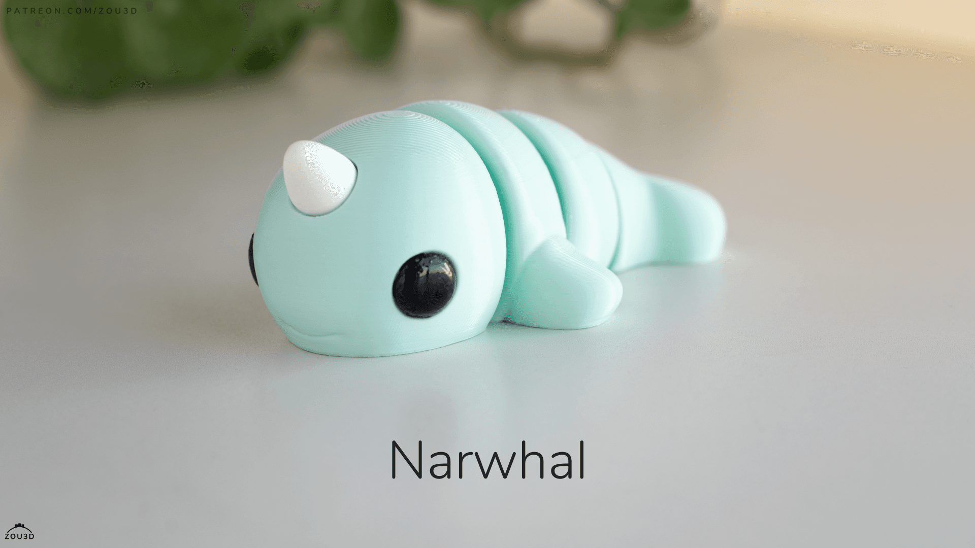3D-gedruckte mintgrüne Narwal-Figur mit Horn 2