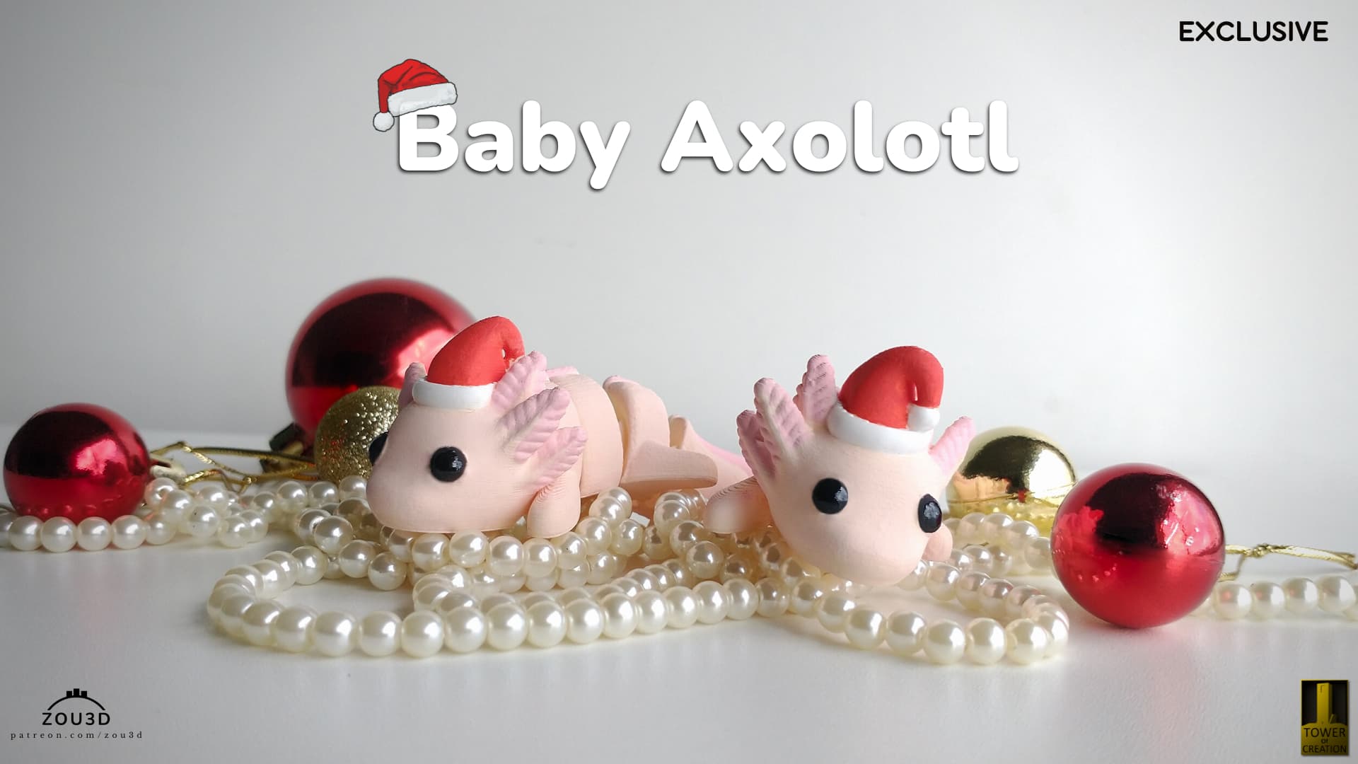 3D-gedrucktes Baby Axolotl mit Weihnachtsmütze